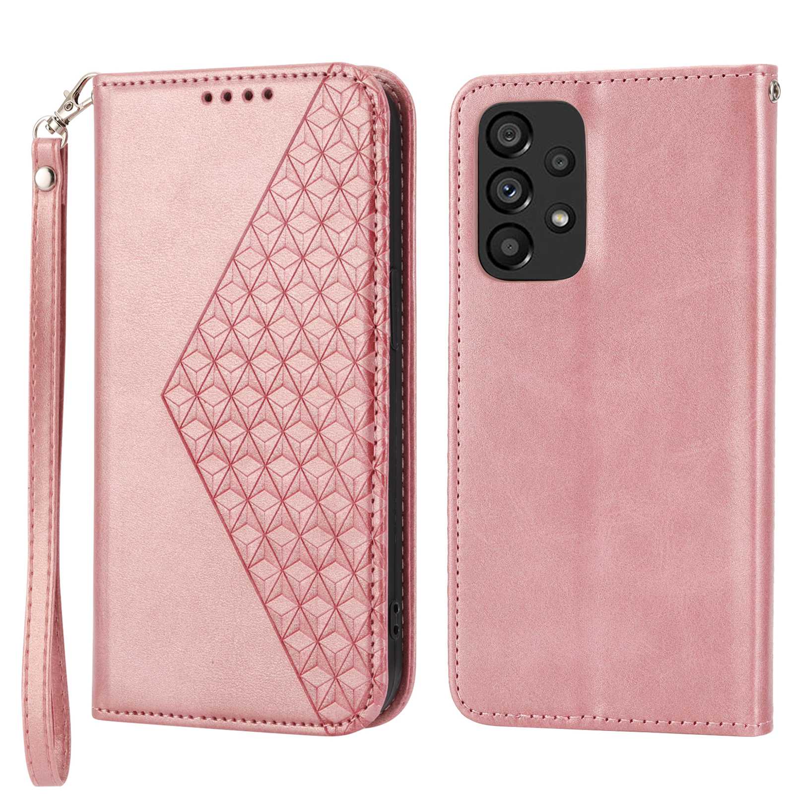 Anti-drop Calf Texture Phone Case  For Samsung Galaxy A52 4G / 5G / A52s 5G PU Leather Imprinted Rhombus Pattern Cell Phone Cover Wallet Stand with Strap