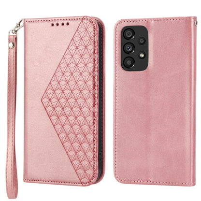 Anti-drop Calf Texture Phone Case  For Samsung Galaxy A52 4G / 5G / A52s 5G PU Leather Imprinted Rhombus Pattern Cell Phone Cover Wallet Stand with Strap