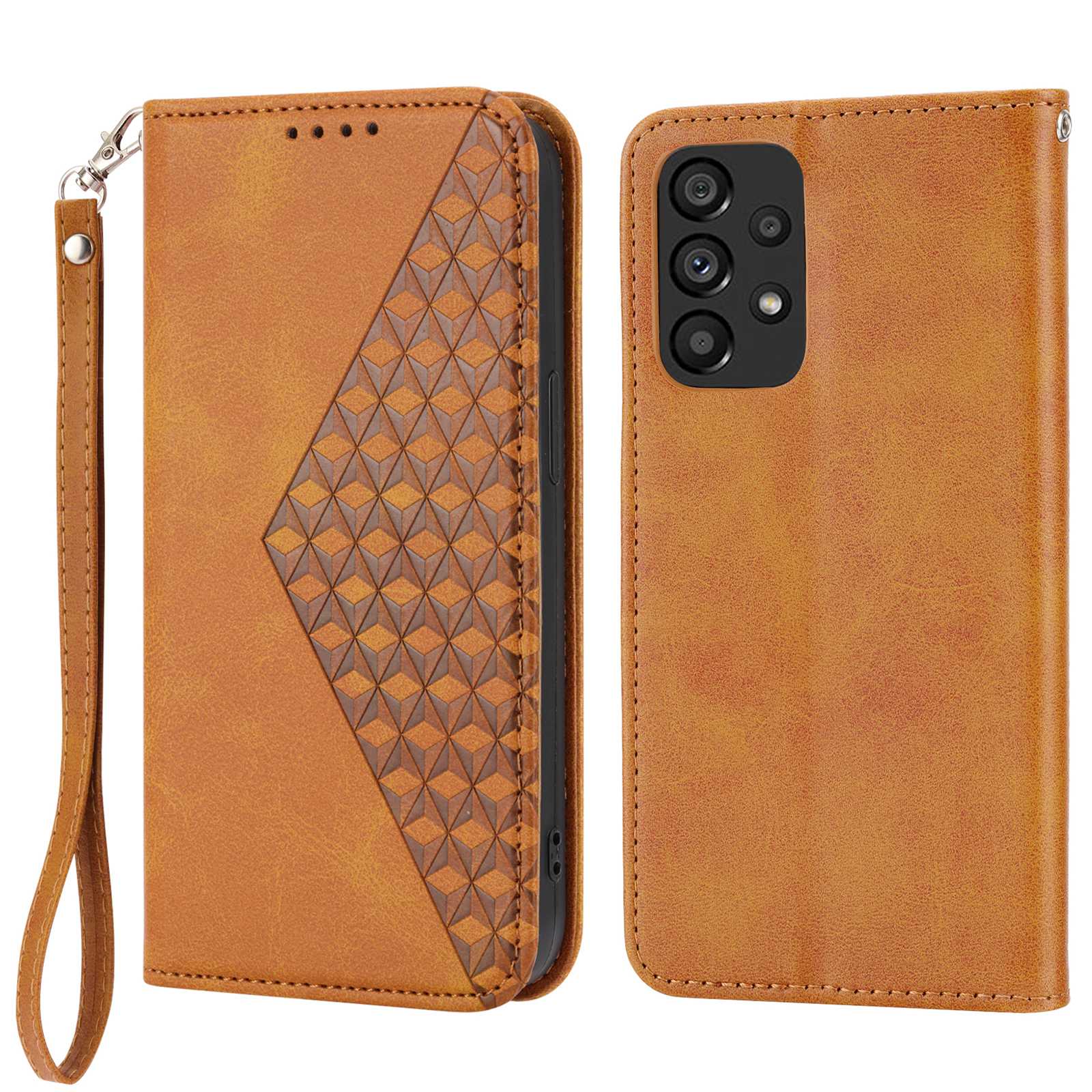 Anti-drop Calf Texture Phone Case  For Samsung Galaxy A52 4G / 5G / A52s 5G PU Leather Imprinted Rhombus Pattern Cell Phone Cover Wallet Stand with Strap