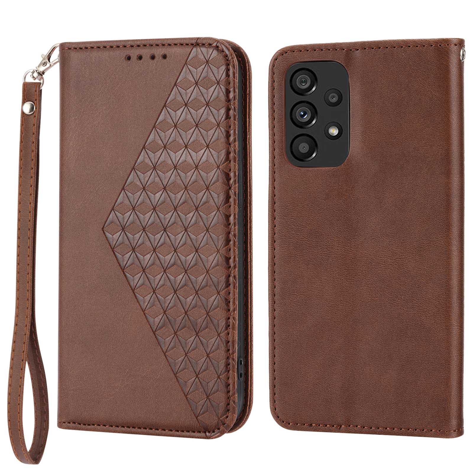 Anti-drop Calf Texture Phone Case  For Samsung Galaxy A52 4G / 5G / A52s 5G PU Leather Imprinted Rhombus Pattern Cell Phone Cover Wallet Stand with Strap