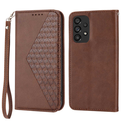 Anti-drop Calf Texture Phone Case  For Samsung Galaxy A52 4G / 5G / A52s 5G PU Leather Imprinted Rhombus Pattern Cell Phone Cover Wallet Stand with Strap