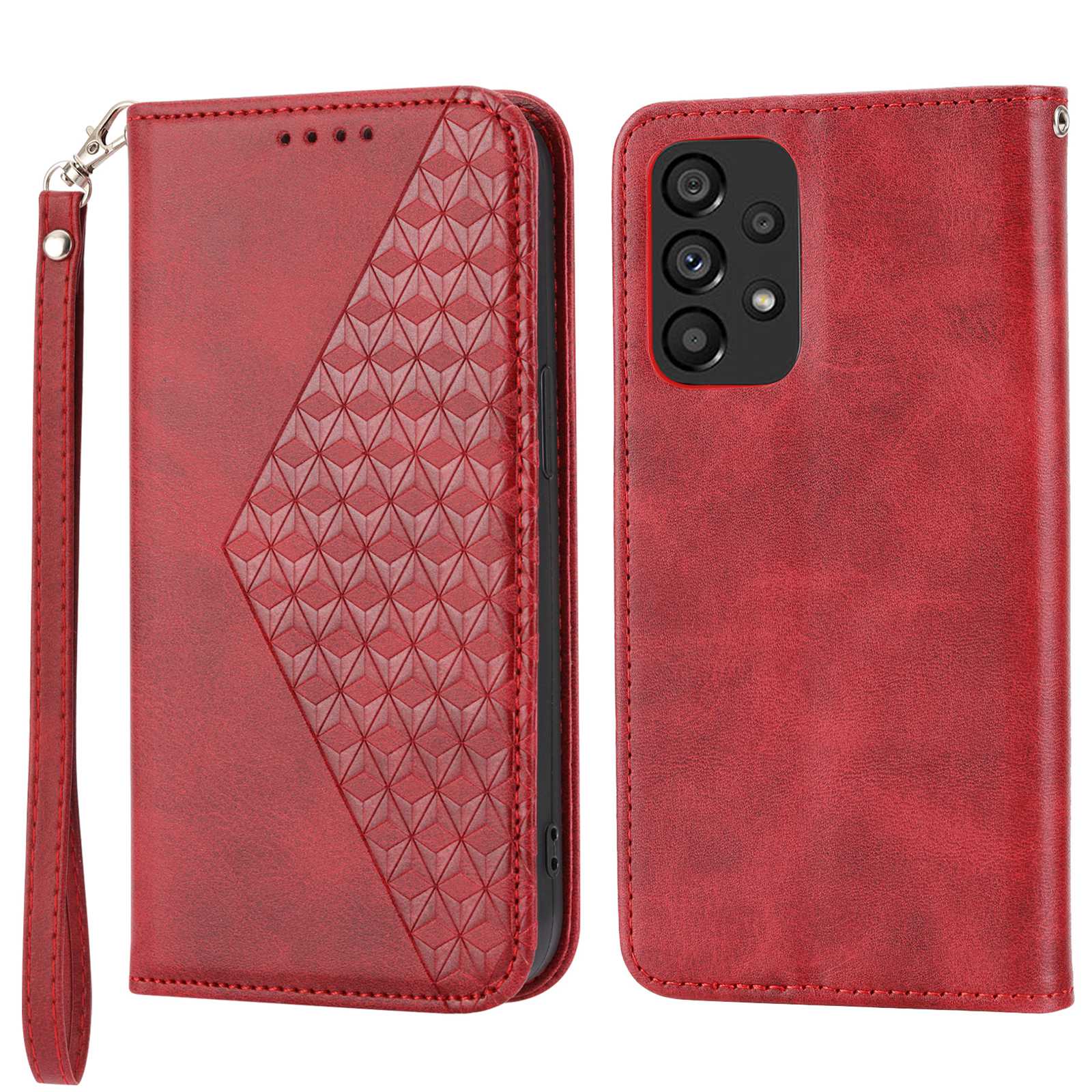 Anti-drop Calf Texture Phone Case  For Samsung Galaxy A52 4G / 5G / A52s 5G PU Leather Imprinted Rhombus Pattern Cell Phone Cover Wallet Stand with Strap