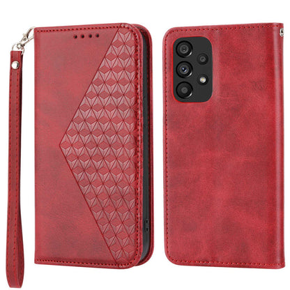 Anti-drop Calf Texture Phone Case  For Samsung Galaxy A52 4G / 5G / A52s 5G PU Leather Imprinted Rhombus Pattern Cell Phone Cover Wallet Stand with Strap