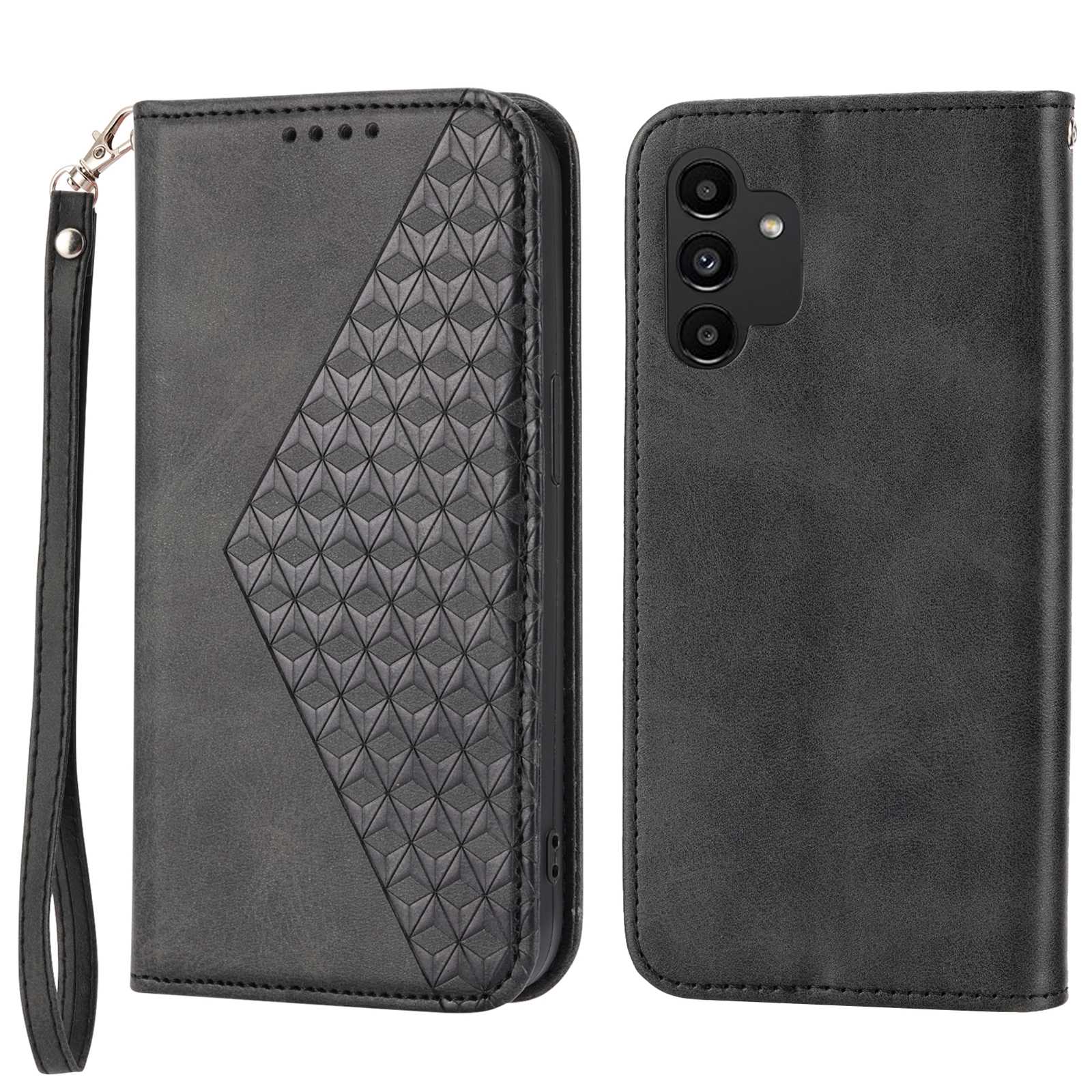 For Samsung Galaxy A13 4G / A13 5G / A04s 4G (164.7 x 76.7 x 9.1 mm) Calf Texture Leather Wallet Case Imprinted Rhombus Pattern Phone Stand Magnetic Absorption Phone Cover with Strap