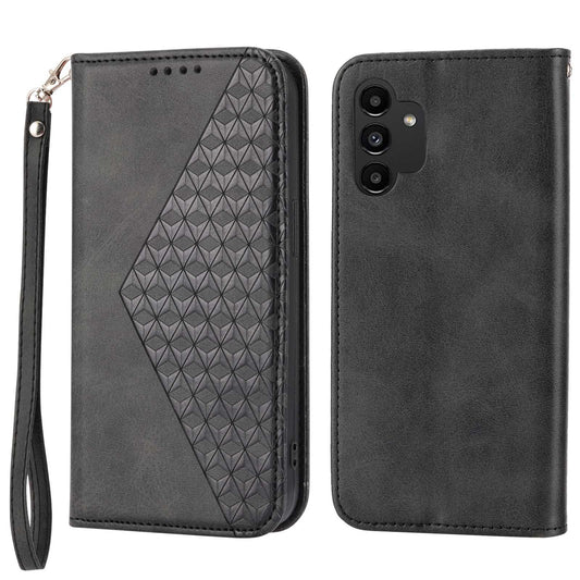 For Samsung Galaxy A13 4G / A13 5G / A04s 4G (164.7 x 76.7 x 9.1 mm) Calf Texture Leather Wallet Case Imprinted Rhombus Pattern Phone Stand Magnetic Absorption Phone Cover with Strap