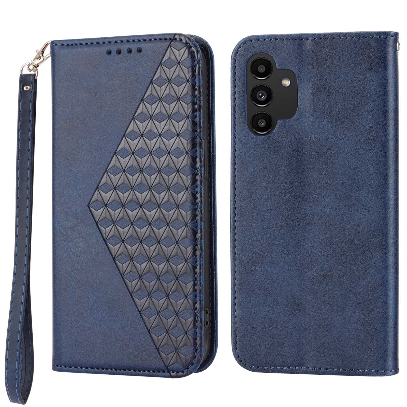 For Samsung Galaxy A13 4G / A13 5G / A04s 4G (164.7 x 76.7 x 9.1 mm) Calf Texture Leather Wallet Case Imprinted Rhombus Pattern Phone Stand Magnetic Absorption Phone Cover with Strap