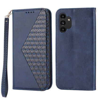 For Samsung Galaxy A13 4G / A13 5G / A04s 4G (164.7 x 76.7 x 9.1 mm) Calf Texture Leather Wallet Case Imprinted Rhombus Pattern Phone Stand Magnetic Absorption Phone Cover with Strap