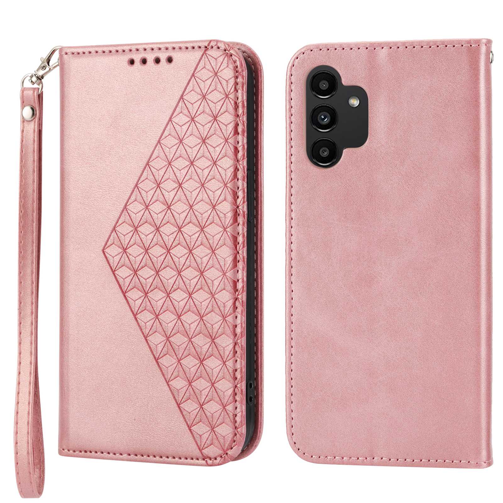 For Samsung Galaxy A13 4G / A13 5G / A04s 4G (164.7 x 76.7 x 9.1 mm) Calf Texture Leather Wallet Case Imprinted Rhombus Pattern Phone Stand Magnetic Absorption Phone Cover with Strap