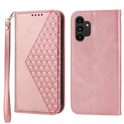 For Samsung Galaxy A13 4G / A13 5G / A04s 4G (164.7 x 76.7 x 9.1 mm) Calf Texture Leather Wallet Case Imprinted Rhombus Pattern Phone Stand Magnetic Absorption Phone Cover with Strap