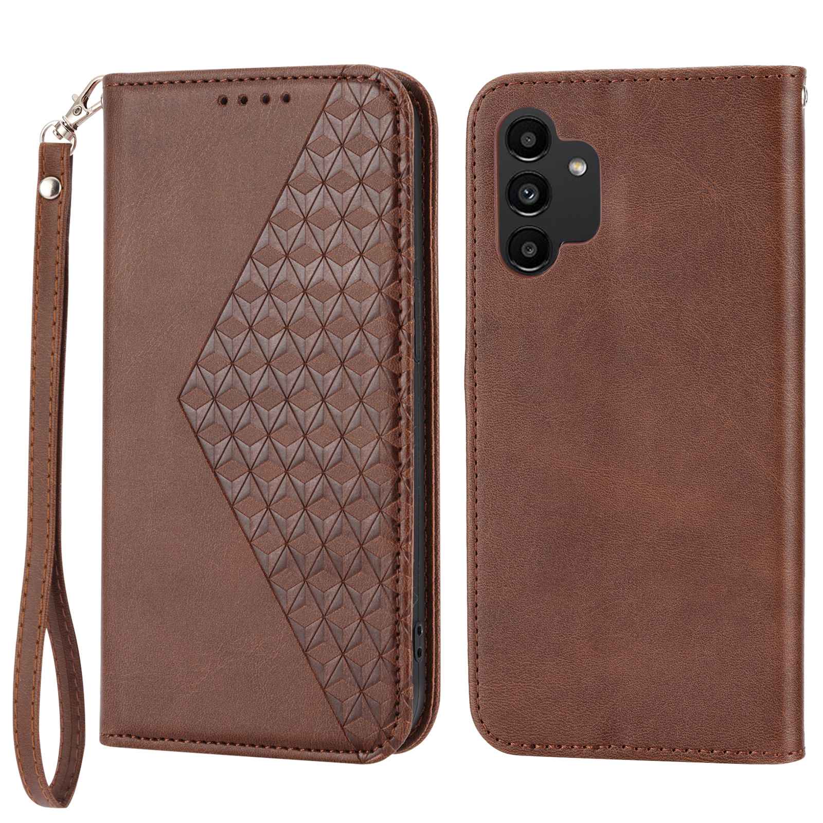 For Samsung Galaxy A13 4G / A13 5G / A04s 4G (164.7 x 76.7 x 9.1 mm) Calf Texture Leather Wallet Case Imprinted Rhombus Pattern Phone Stand Magnetic Absorption Phone Cover with Strap