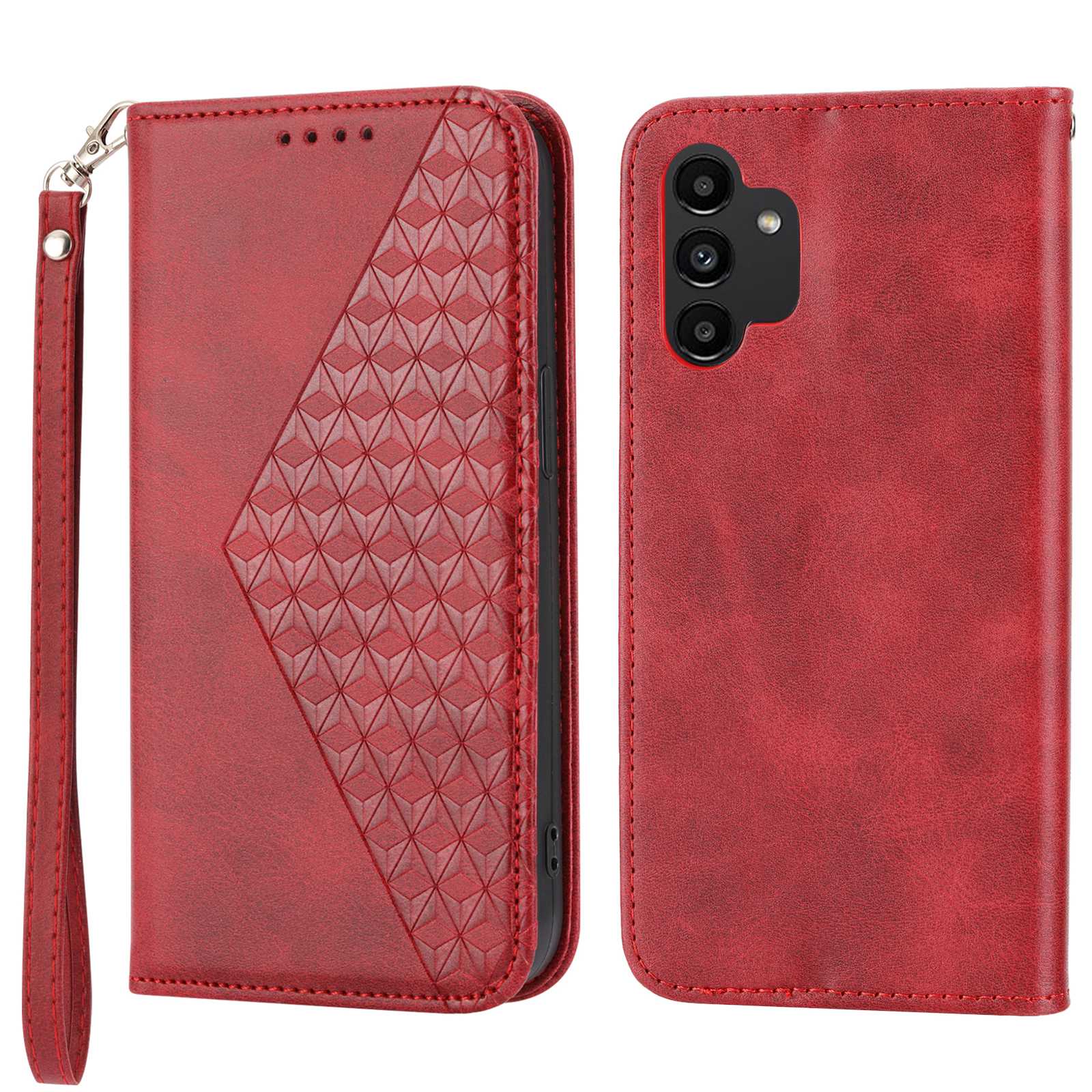 For Samsung Galaxy A13 4G / A13 5G / A04s 4G (164.7 x 76.7 x 9.1 mm) Calf Texture Leather Wallet Case Imprinted Rhombus Pattern Phone Stand Magnetic Absorption Phone Cover with Strap