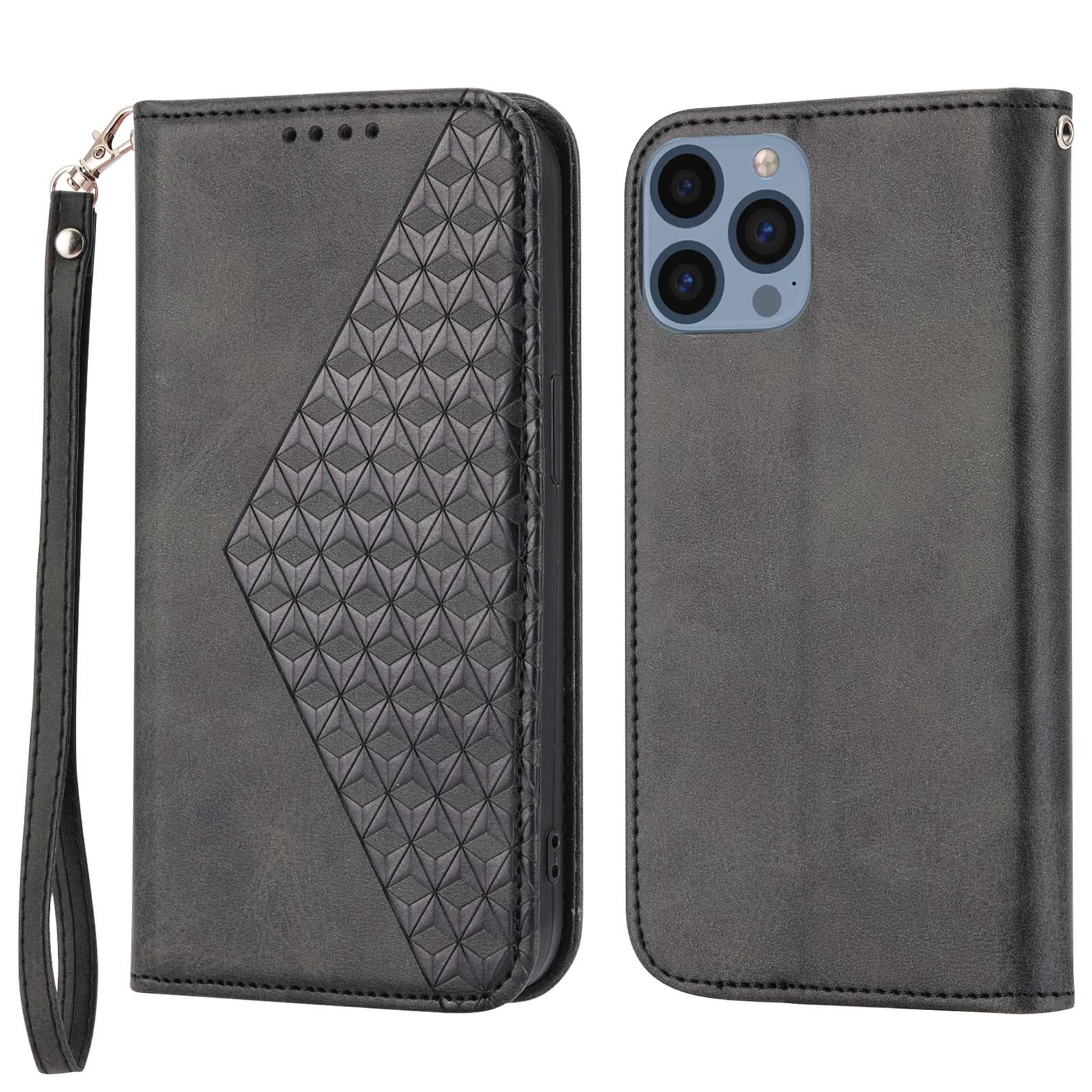 Imprinted Rhombus Pattern Phone Stand Cover for iPhone 13 Pro 6.1 inch, Calf Texture PU Leather Case Magnetic Wallet with Strap