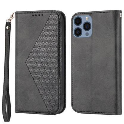 Imprinted Rhombus Pattern Phone Stand Cover for iPhone 13 Pro 6.1 inch, Calf Texture PU Leather Case Magnetic Wallet with Strap