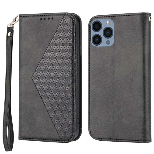 Imprinted Rhombus Pattern Phone Stand Cover for iPhone 13 Pro 6.1 inch, Calf Texture PU Leather Case Magnetic Wallet with Strap