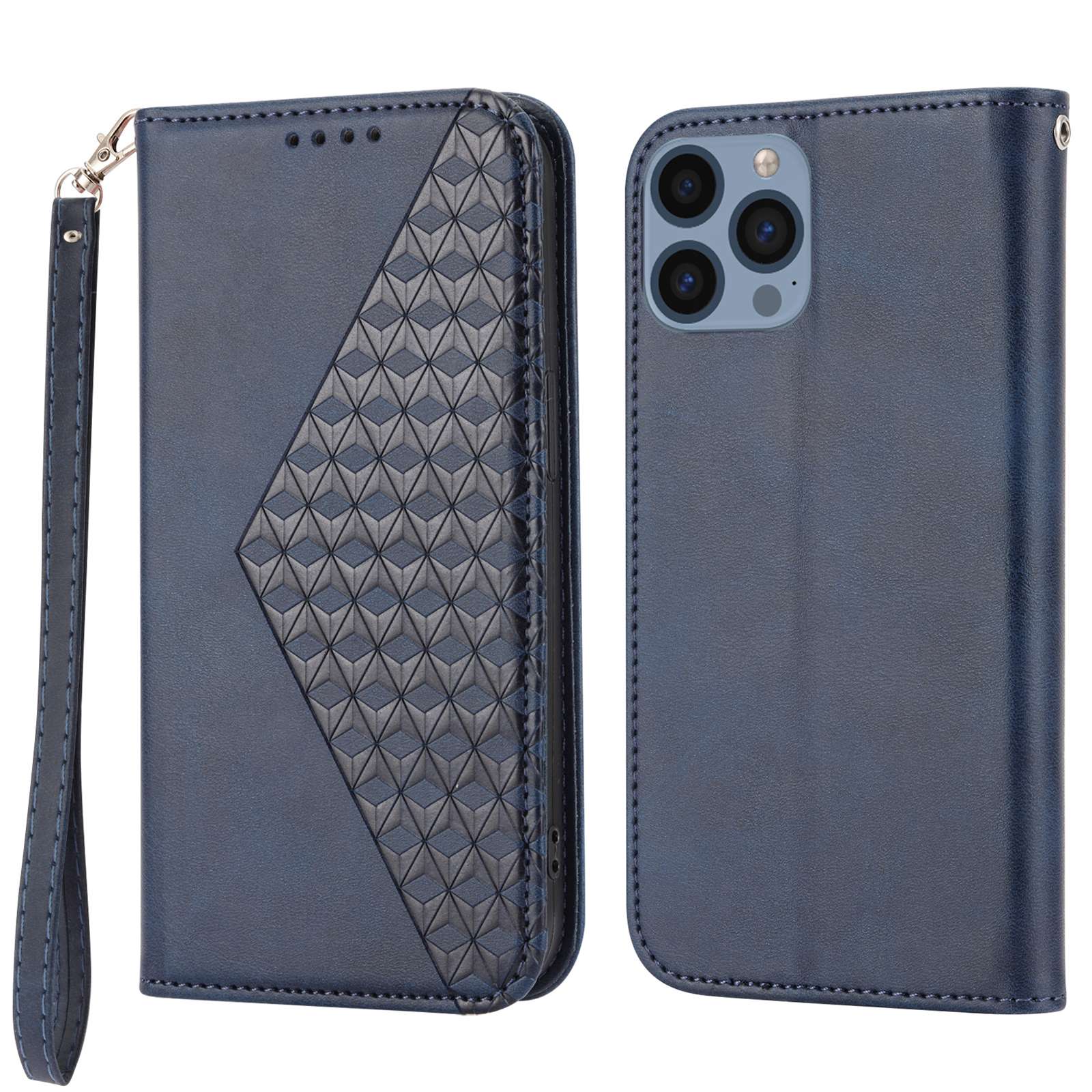 Imprinted Rhombus Pattern Phone Stand Cover for iPhone 13 Pro 6.1 inch, Calf Texture PU Leather Case Magnetic Wallet with Strap