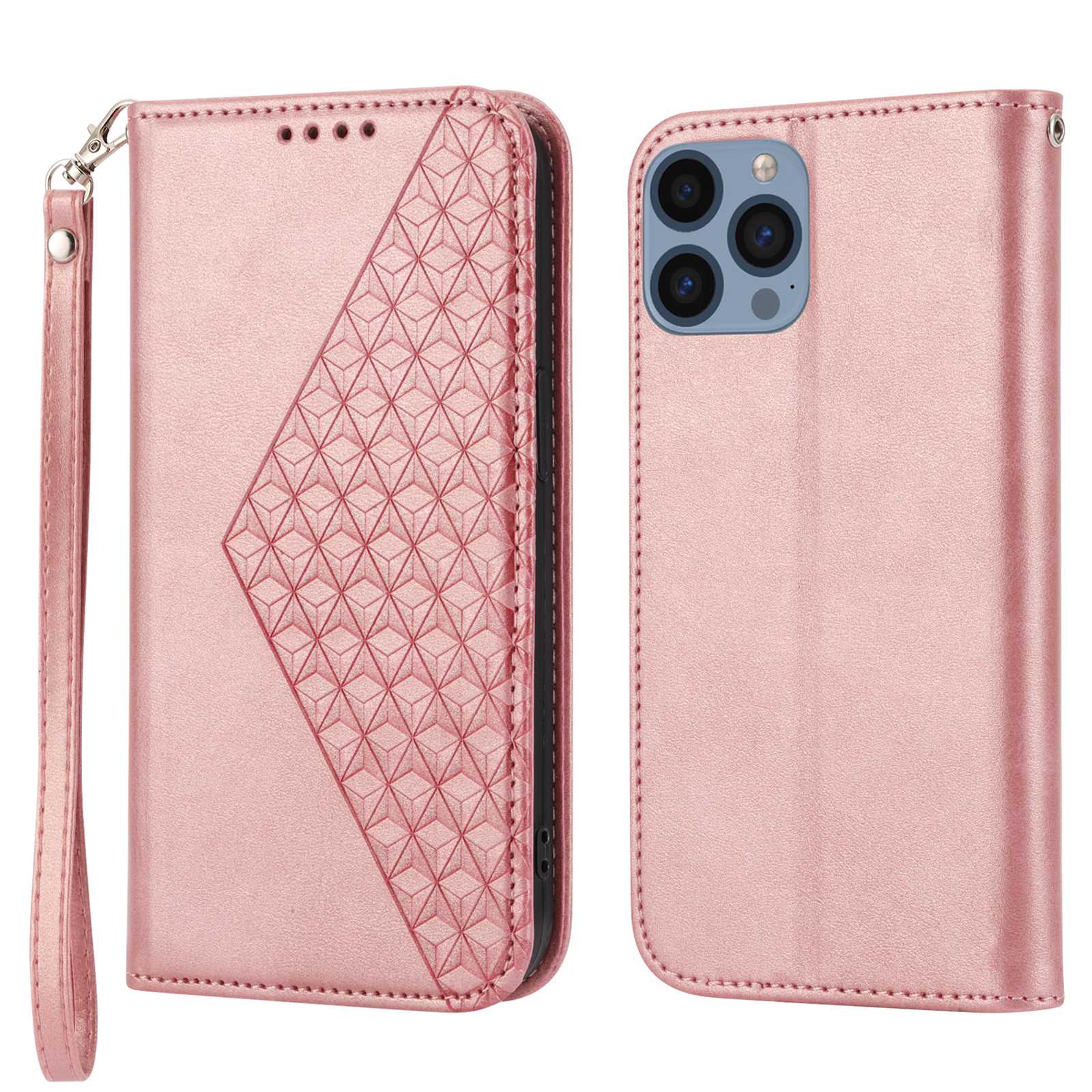 Imprinted Rhombus Pattern Phone Stand Cover for iPhone 13 Pro 6.1 inch, Calf Texture PU Leather Case Magnetic Wallet with Strap