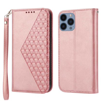 Imprinted Rhombus Pattern Phone Stand Cover for iPhone 13 Pro 6.1 inch, Calf Texture PU Leather Case Magnetic Wallet with Strap