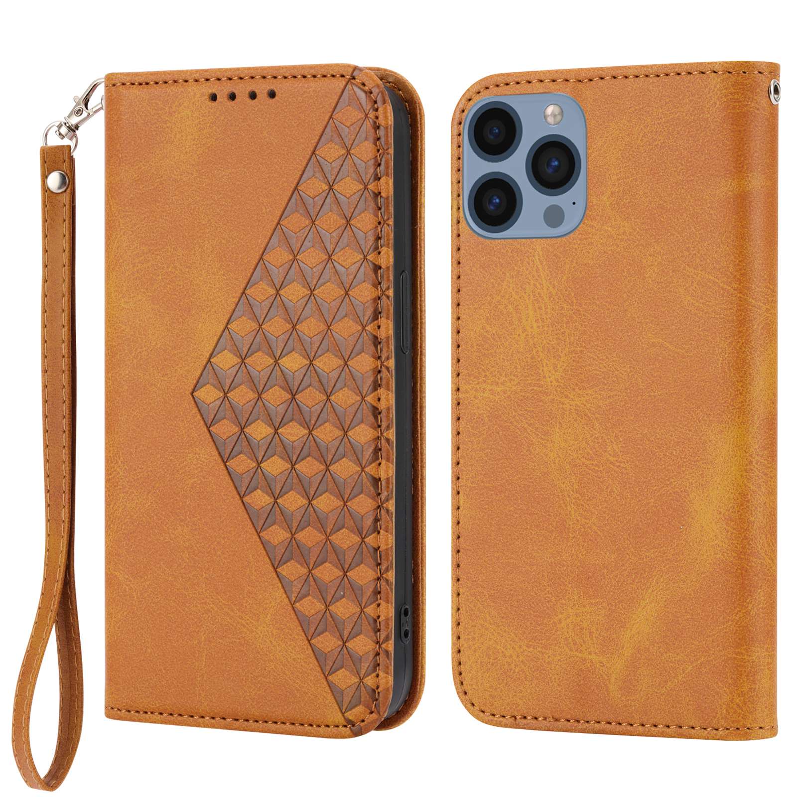 Imprinted Rhombus Pattern Phone Stand Cover for iPhone 13 Pro 6.1 inch, Calf Texture PU Leather Case Magnetic Wallet with Strap