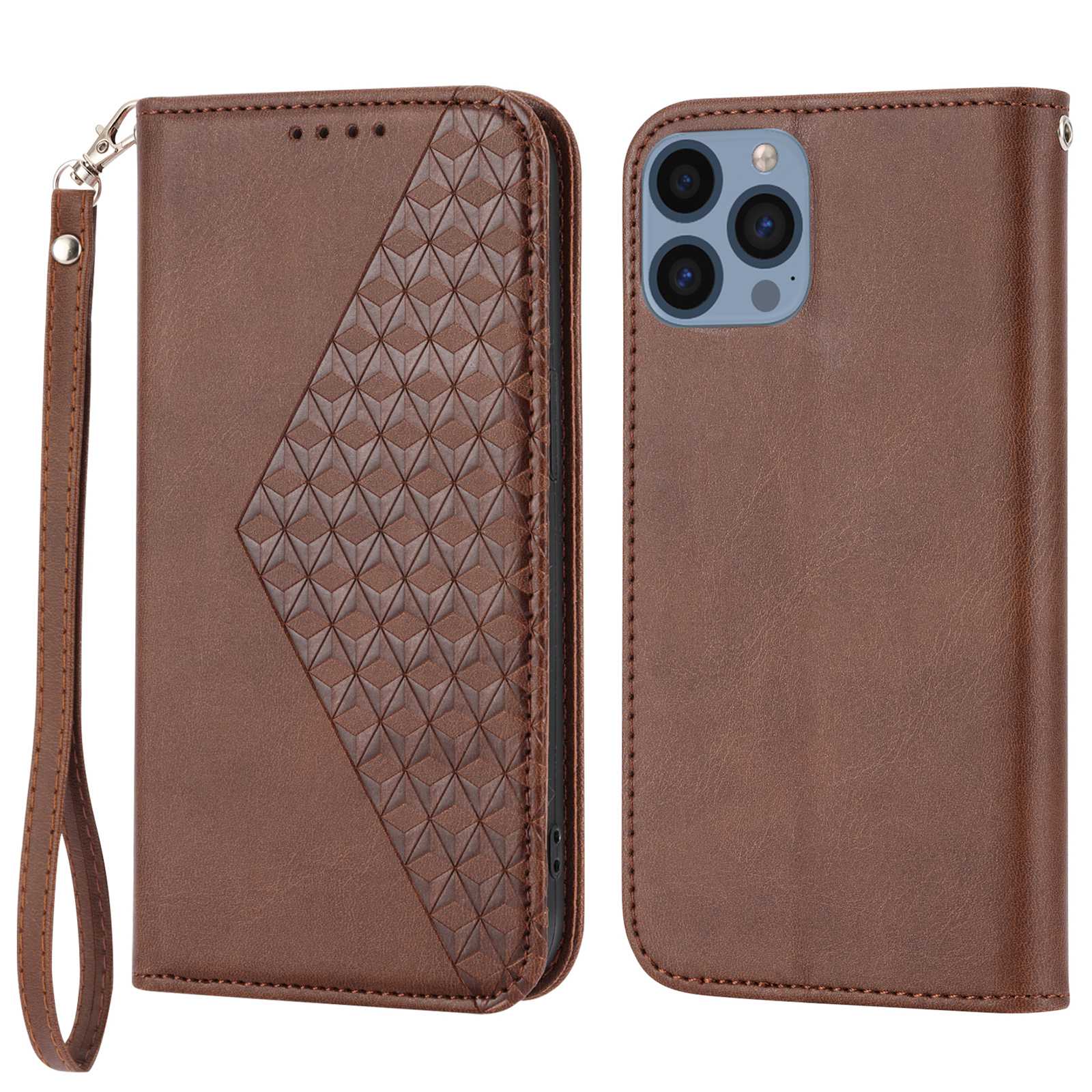 Imprinted Rhombus Pattern Phone Stand Cover for iPhone 13 Pro 6.1 inch, Calf Texture PU Leather Case Magnetic Wallet with Strap