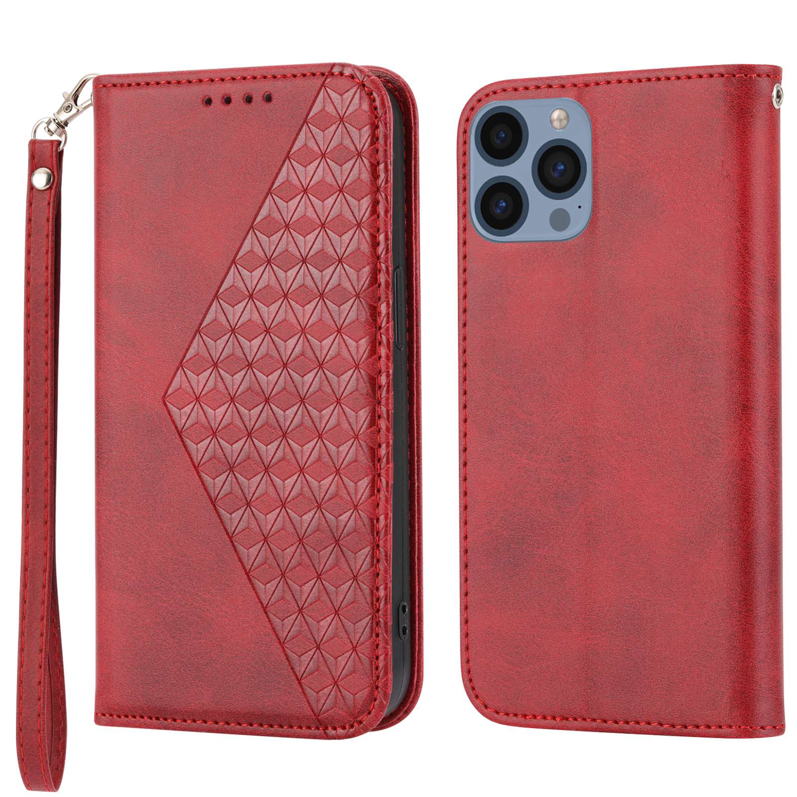 Imprinted Rhombus Pattern Phone Stand Cover for iPhone 13 Pro 6.1 inch, Calf Texture PU Leather Case Magnetic Wallet with Strap