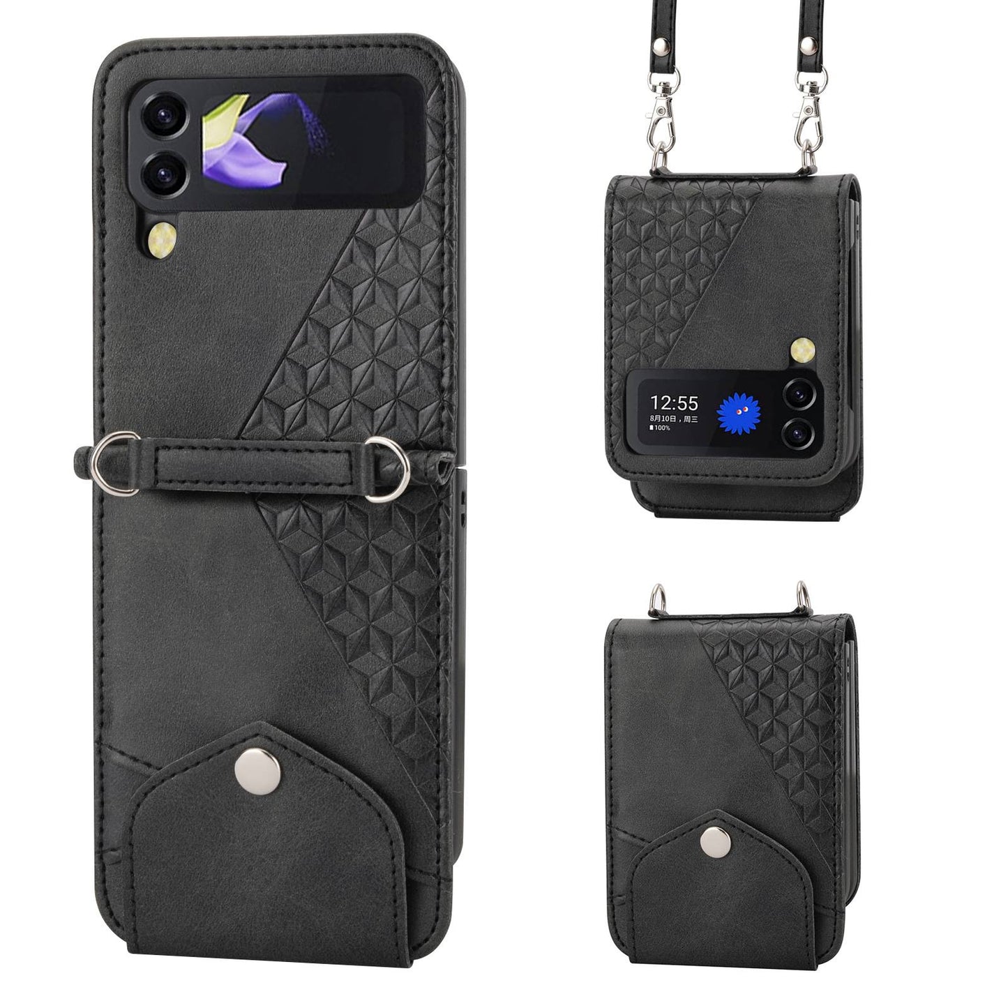 For Samsung Galaxy Z Flip4 5G Imprinted Rhombus Pattern Calf Texture PU Leather Case Card Holder Stand Phone Case with Shoulder Strap