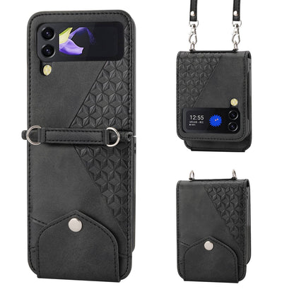 For Samsung Galaxy Z Flip4 5G Imprinted Rhombus Pattern Calf Texture PU Leather Case Card Holder Stand Phone Case with Shoulder Strap