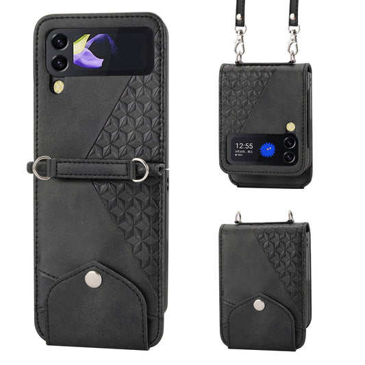 For Samsung Galaxy Z Flip4 5G Imprinted Rhombus Pattern Calf Texture PU Leather Case Card Holder Stand Phone Case with Shoulder Strap