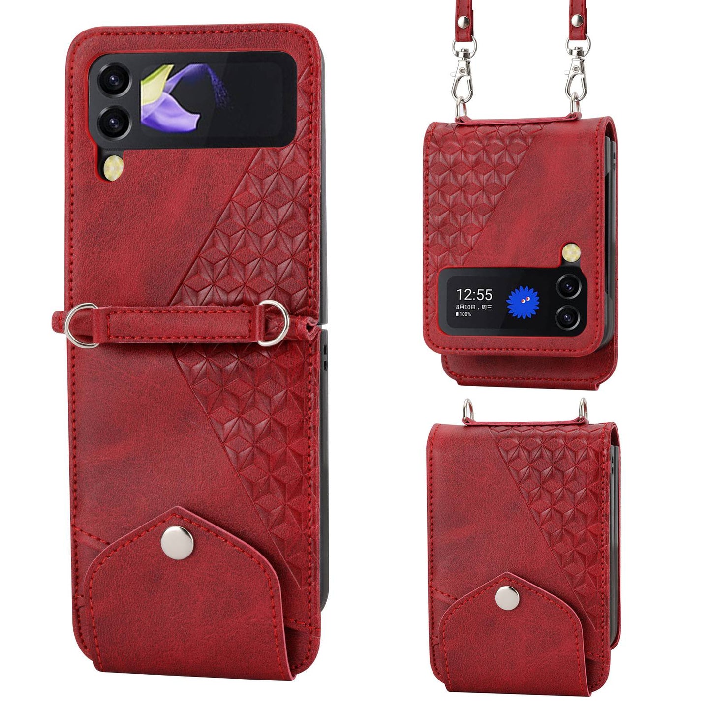 For Samsung Galaxy Z Flip4 5G Imprinted Rhombus Pattern Calf Texture PU Leather Case Card Holder Stand Phone Case with Shoulder Strap