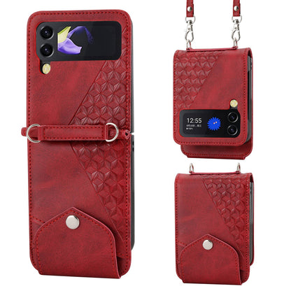 For Samsung Galaxy Z Flip4 5G Imprinted Rhombus Pattern Calf Texture PU Leather Case Card Holder Stand Phone Case with Shoulder Strap