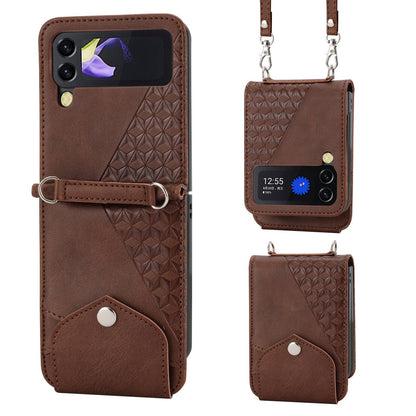 For Samsung Galaxy Z Flip4 5G Imprinted Rhombus Pattern Calf Texture PU Leather Case Card Holder Stand Phone Case with Shoulder Strap