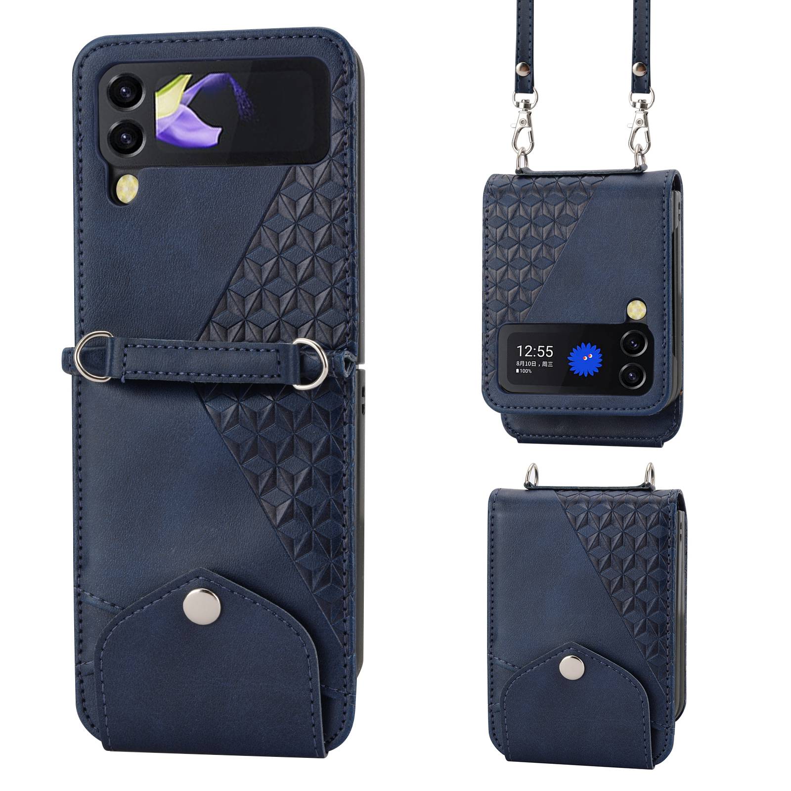 For Samsung Galaxy Z Flip4 5G Imprinted Rhombus Pattern Calf Texture PU Leather Case Card Holder Stand Phone Case with Shoulder Strap