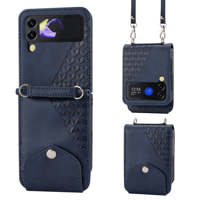 For Samsung Galaxy Z Flip4 5G Imprinted Rhombus Pattern Calf Texture PU Leather Case Card Holder Stand Phone Case with Shoulder Strap