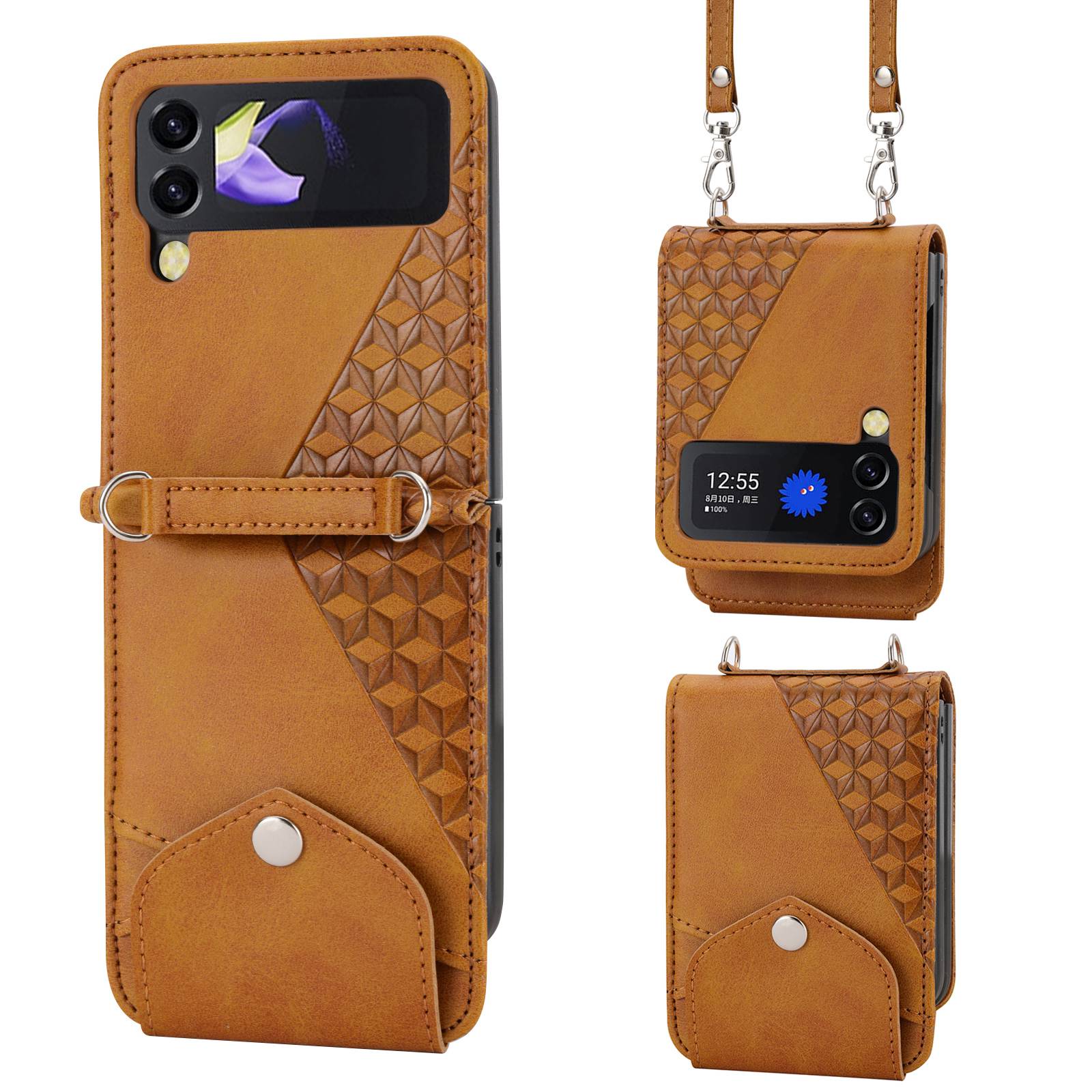 For Samsung Galaxy Z Flip4 5G Imprinted Rhombus Pattern Calf Texture PU Leather Case Card Holder Stand Phone Case with Shoulder Strap