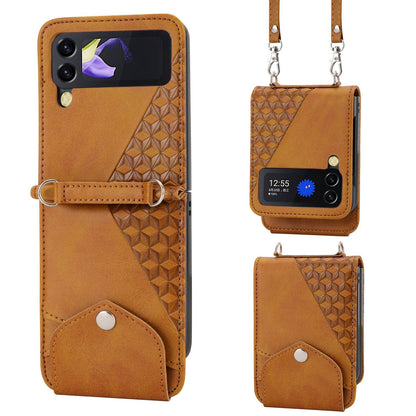 For Samsung Galaxy Z Flip4 5G Imprinted Rhombus Pattern Calf Texture PU Leather Case Card Holder Stand Phone Case with Shoulder Strap