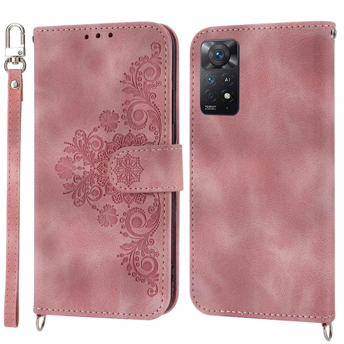 Skin-touch Smartphone Cover For Xiaomi Redmi Note 11 4G (Qualcomm) / Note 11S 4G, Imprinted Flowers PU Leather Phone Case Stand Multiple Card Slots with Two Straps