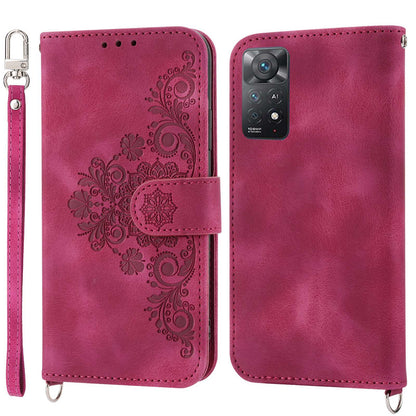 Skin-touch Smartphone Cover For Xiaomi Redmi Note 11 4G (Qualcomm) / Note 11S 4G, Imprinted Flowers PU Leather Phone Case Stand Multiple Card Slots with Two Straps
