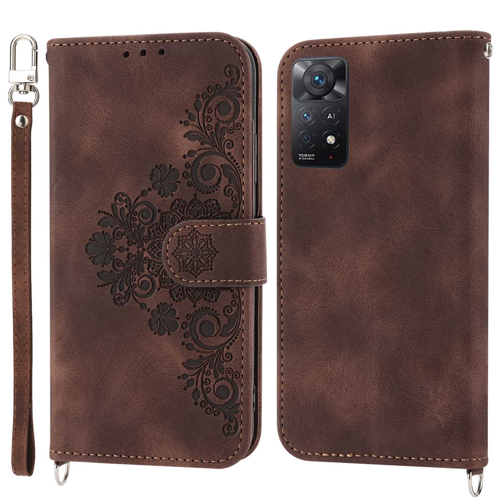Skin-touch Smartphone Cover For Xiaomi Redmi Note 11 4G (Qualcomm) / Note 11S 4G, Imprinted Flowers PU Leather Phone Case Stand Multiple Card Slots with Two Straps