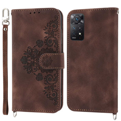 Skin-touch Smartphone Cover For Xiaomi Redmi Note 11 4G (Qualcomm) / Note 11S 4G, Imprinted Flowers PU Leather Phone Case Stand Multiple Card Slots with Two Straps