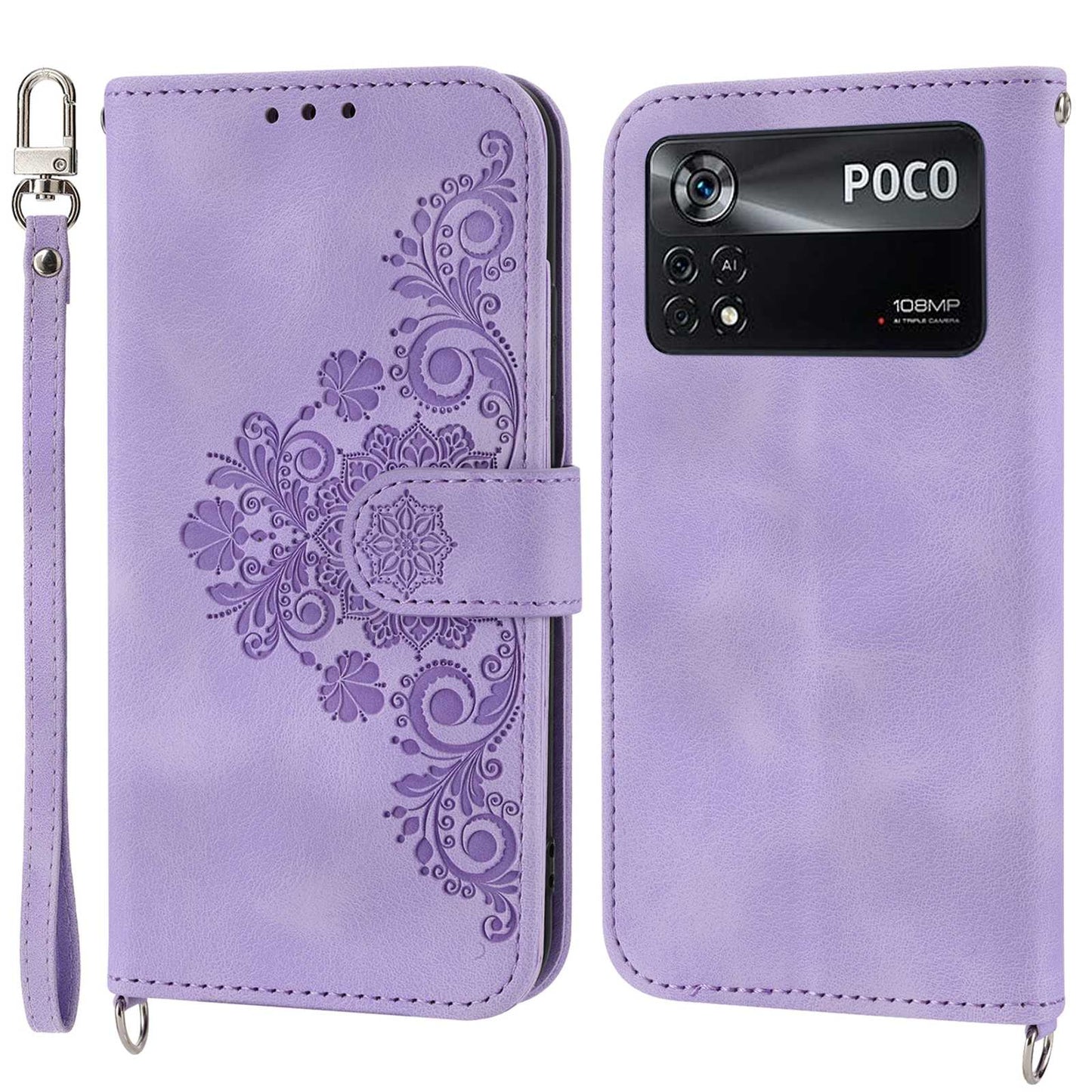 PU Leather Flip Phone Case For Xiaomi Poco X4 Pro 5G, Imprinted Flowers Multiple Card Slots Skin-touch Anti-drop Smartphone Cover Wallet Stand with Straps