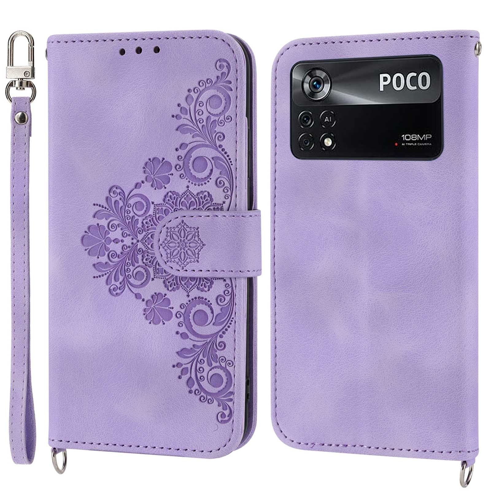 PU Leather Flip Phone Case For Xiaomi Poco X4 Pro 5G, Imprinted Flowers Multiple Card Slots Skin-touch Anti-drop Smartphone Cover Wallet Stand with Straps