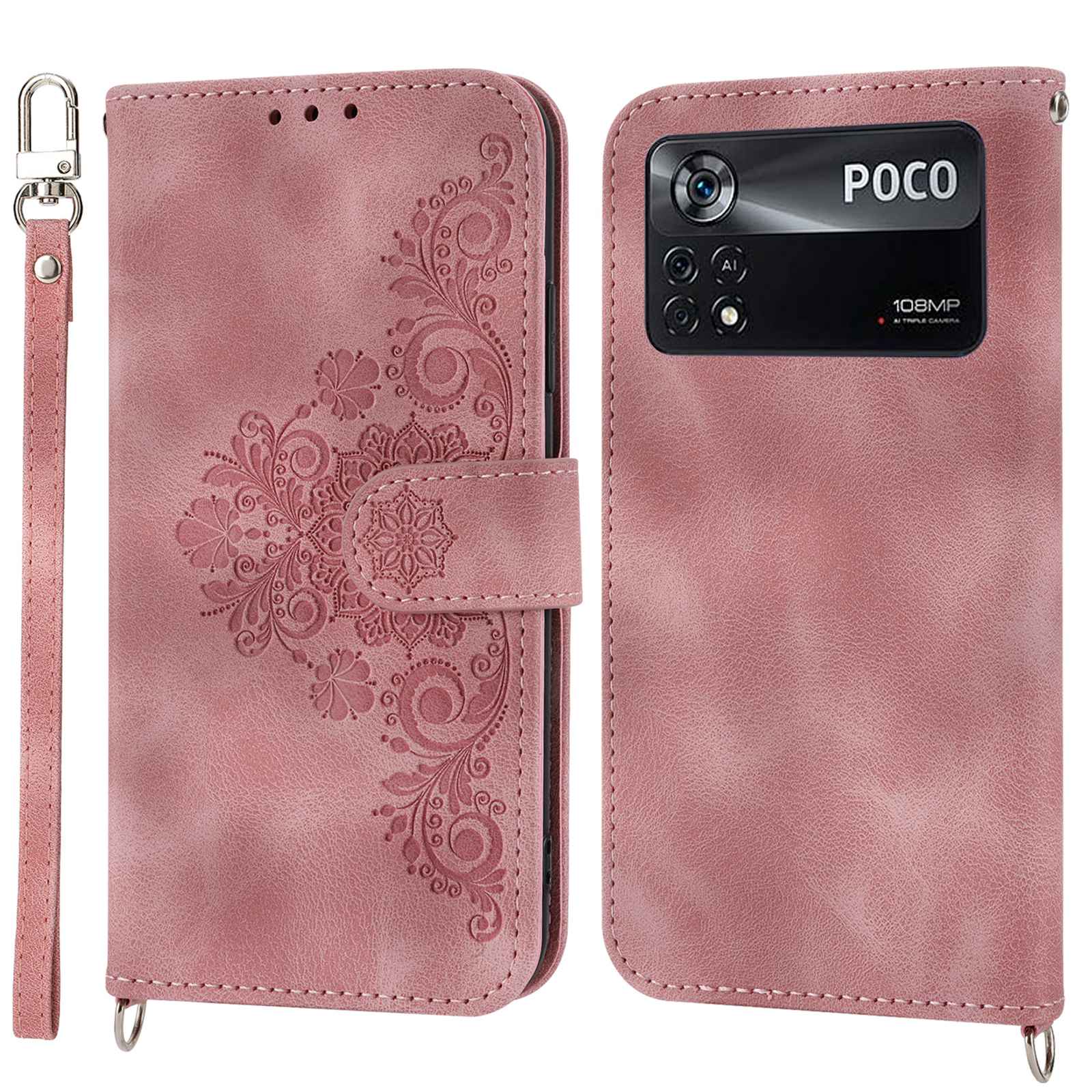 PU Leather Flip Phone Case For Xiaomi Poco X4 Pro 5G, Imprinted Flowers Multiple Card Slots Skin-touch Anti-drop Smartphone Cover Wallet Stand with Straps
