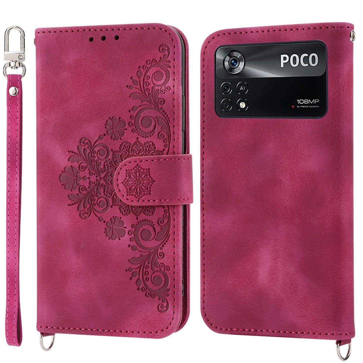 PU Leather Flip Phone Case For Xiaomi Poco X4 Pro 5G, Imprinted Flowers Multiple Card Slots Skin-touch Anti-drop Smartphone Cover Wallet Stand with Straps