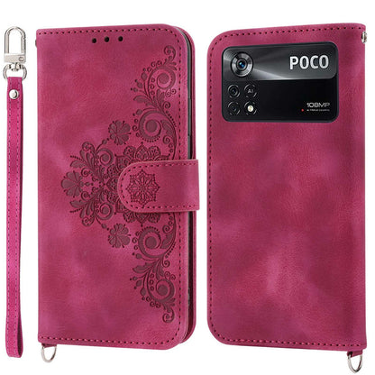 PU Leather Flip Phone Case For Xiaomi Poco X4 Pro 5G, Imprinted Flowers Multiple Card Slots Skin-touch Anti-drop Smartphone Cover Wallet Stand with Straps