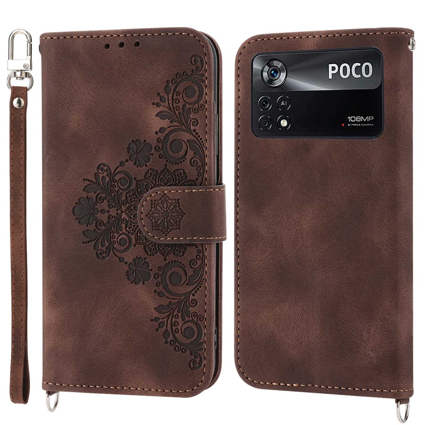PU Leather Flip Phone Case For Xiaomi Poco X4 Pro 5G, Imprinted Flowers Multiple Card Slots Skin-touch Anti-drop Smartphone Cover Wallet Stand with Straps