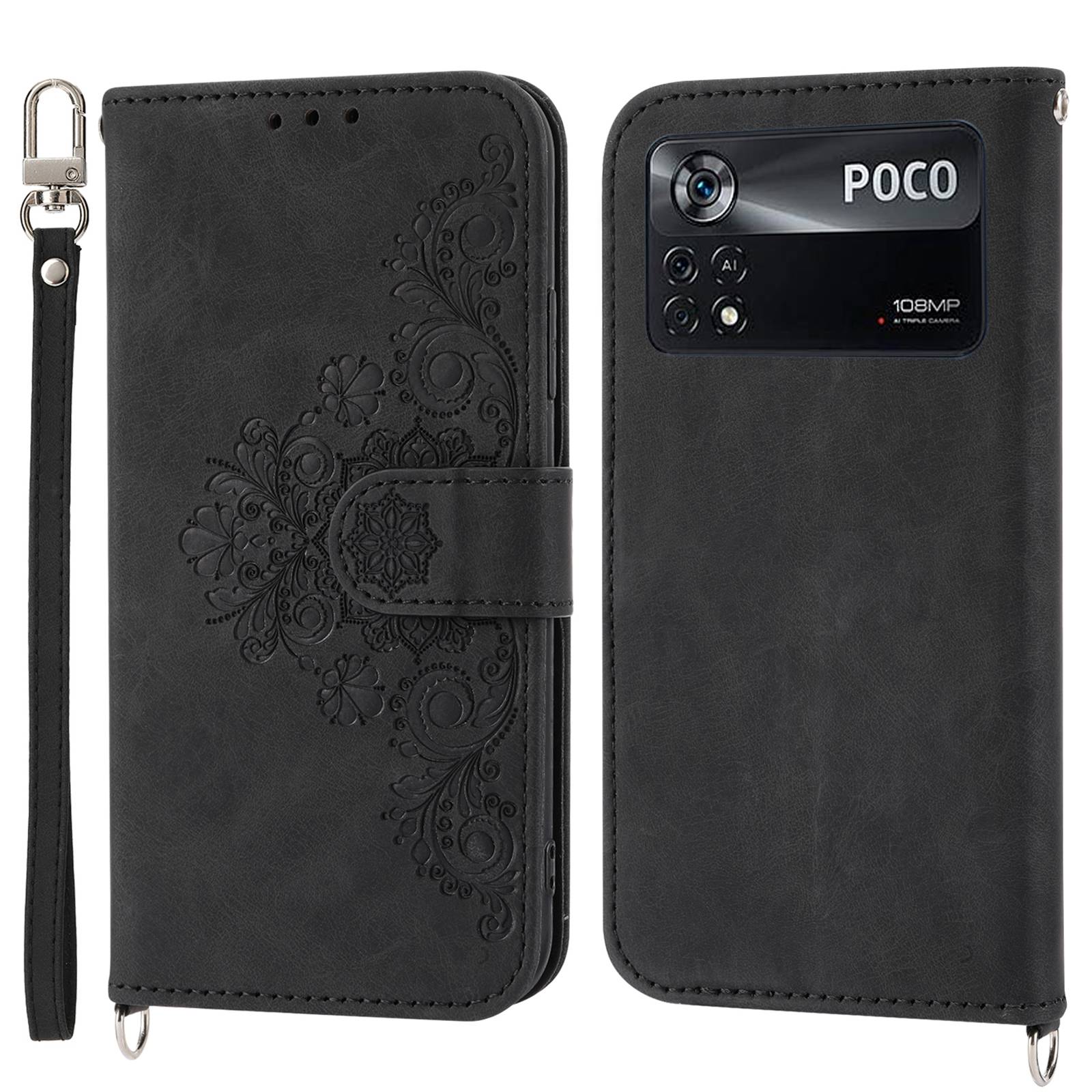 PU Leather Flip Phone Case For Xiaomi Poco X4 Pro 5G, Imprinted Flowers Multiple Card Slots Skin-touch Anti-drop Smartphone Cover Wallet Stand with Straps