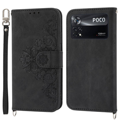 PU Leather Flip Phone Case For Xiaomi Poco X4 Pro 5G, Imprinted Flowers Multiple Card Slots Skin-touch Anti-drop Smartphone Cover Wallet Stand with Straps