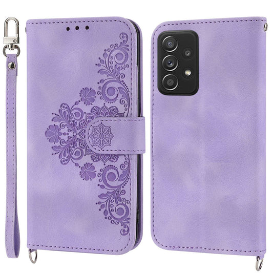 For Samsung Galaxy A52 4G / A52 5G / A52s 5G Imprinted Flowers PU Leather Flip Case Stand Multiple Card Slots Skin-touch Cover with Wrist Strap and Shoulder Strap
