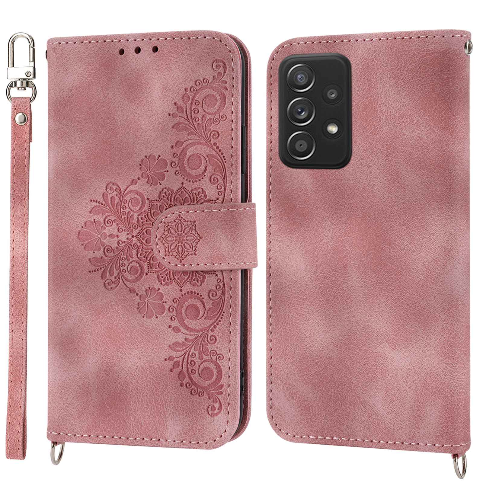 For Samsung Galaxy A52 4G / A52 5G / A52s 5G Imprinted Flowers PU Leather Flip Case Stand Multiple Card Slots Skin-touch Cover with Wrist Strap and Shoulder Strap
