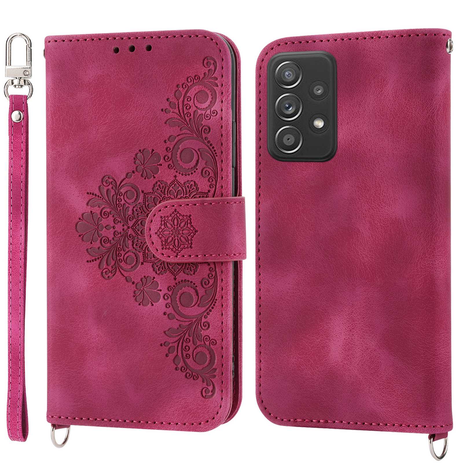 For Samsung Galaxy A52 4G / A52 5G / A52s 5G Imprinted Flowers PU Leather Flip Case Stand Multiple Card Slots Skin-touch Cover with Wrist Strap and Shoulder Strap