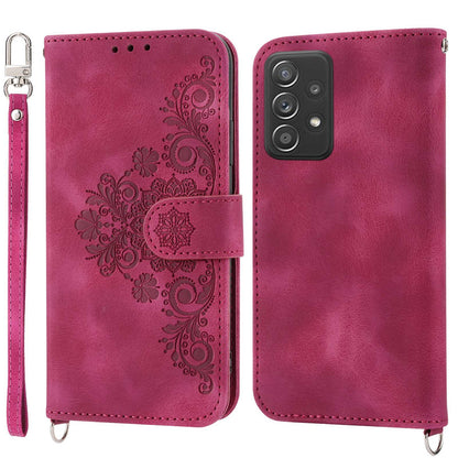 For Samsung Galaxy A52 4G / A52 5G / A52s 5G Imprinted Flowers PU Leather Flip Case Stand Multiple Card Slots Skin-touch Cover with Wrist Strap and Shoulder Strap